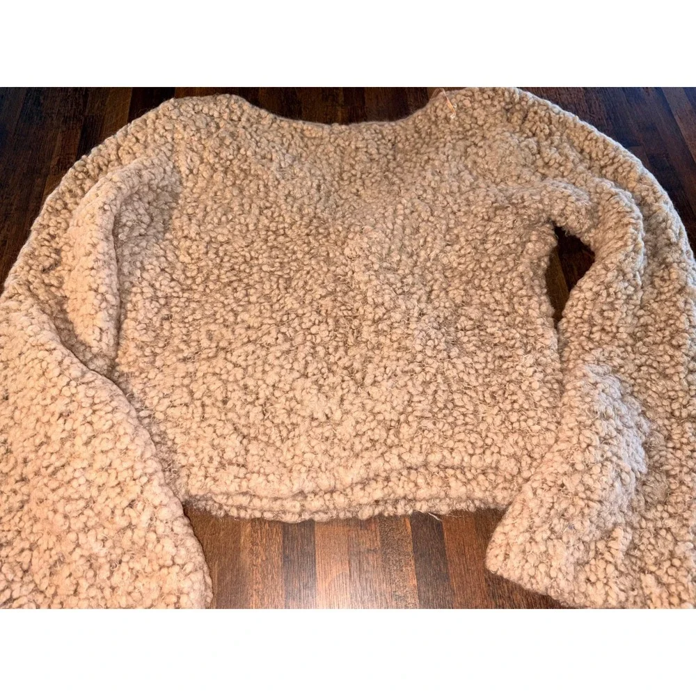 Free People Womens Tan Boucle Knit‎ Wrap Sweater Surplice Bell Sleeve Medium